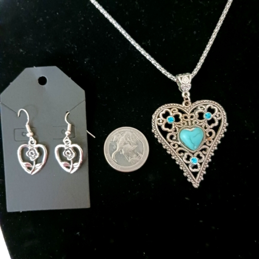 2 item-FAUX TURQUOISE & HEART GEMSTONE SILVERTONE NECKLACE & HEART EARRINGS